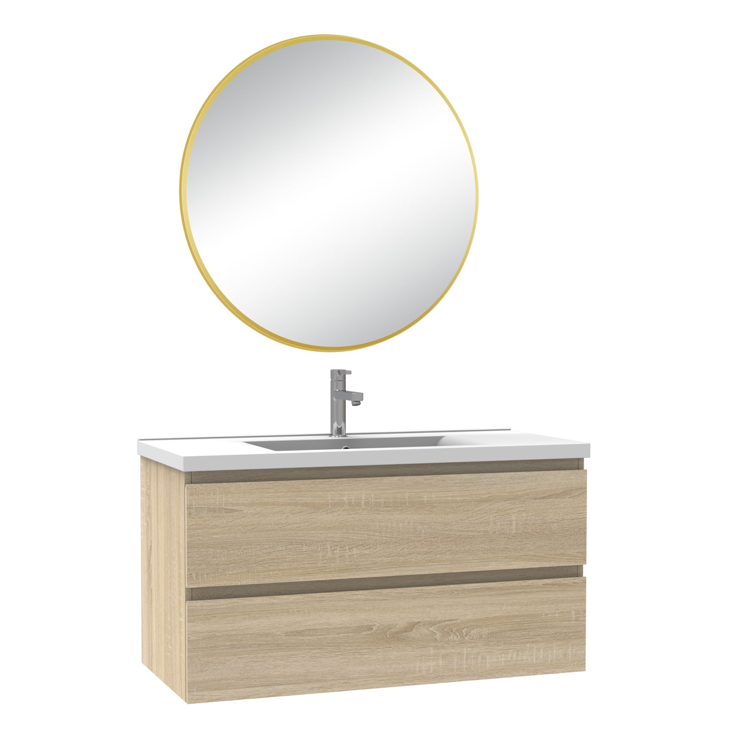 Meuble salle de bain simple vasque 100cm blanc/Anthracite/Chêne Wotan meuble acve rond miroir - Aica -Livraison gratuite