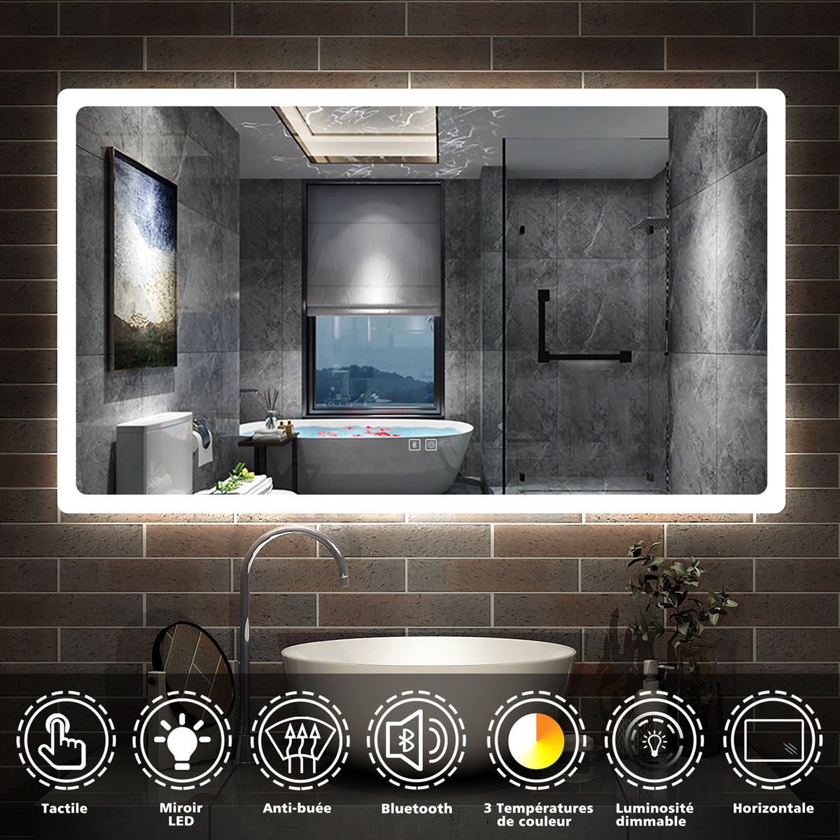 Miroir De Salle De Bain Lumineux HAPAOSO 120x70cm – 3 Couleurs, Anti-buée, Tactile | Design Moderne Et étanche IP44