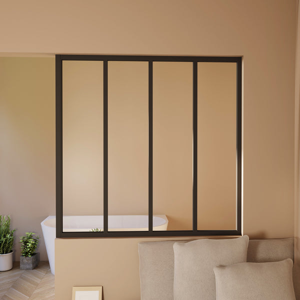 Verrière d'Atelier Fixe 4 Carreaux - H.108 x L.123 cm - Aluminium Noir Mat & Verre Trempé Sécurité - Style Industriel Prête à Poser (Pose sur Muret ou Épi)