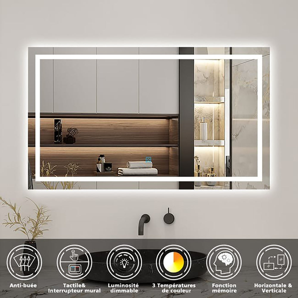 AICA LED miroir lumineux 3 couleurs tactile + anti-buée + dimmable + mémoire 80x60cm miroir salle de bain -Livraison gratuite