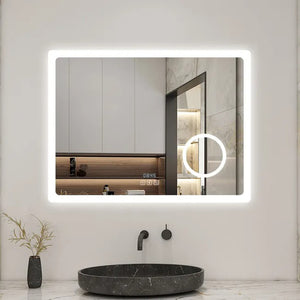 AICA Miroir lumineux rectangulaire | bluetooth, 3 couleurs, dimmable, grossissant, horloge, anti-buée, mémoire