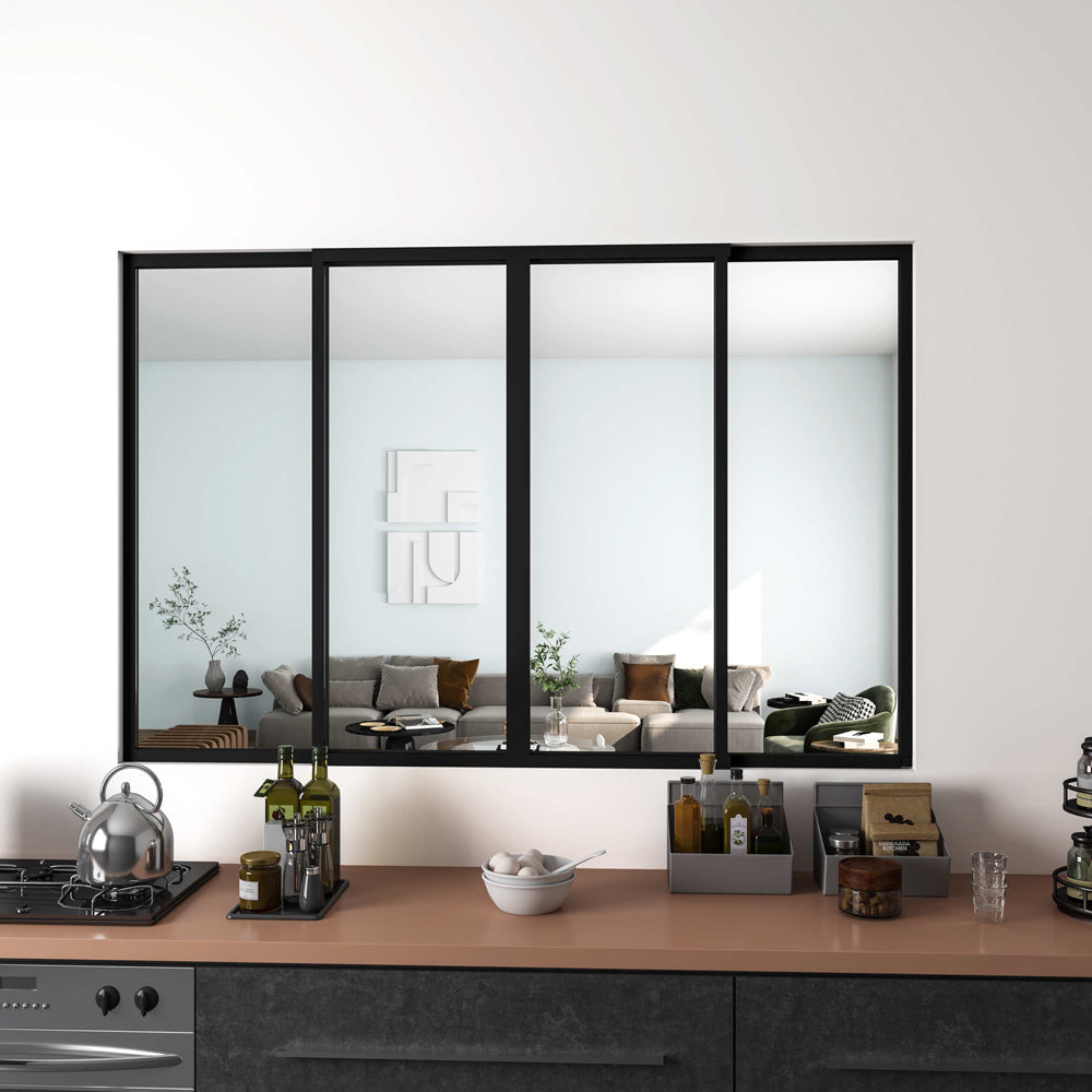 Verrière atelier coulissante en alu noir, 183 x H.108cm, 4 vitrages ( 2 fixe + 2 mobile ) clairs inclus, en kit complet -Livraison gratuite