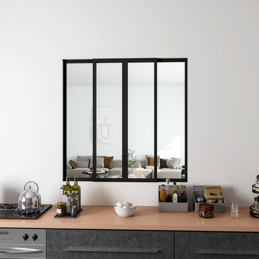 Verrière atelier coulissante en alu noir, 123 x H.108cm, 4 vitrages ( 2 fixe + 2 mobile ) clairs inclus, en kit complet -Livraison gratuite