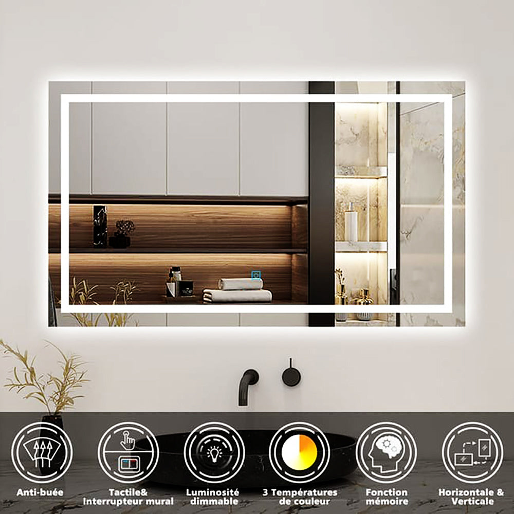 AICA LED miroir lumineux 3 couleurs tactile + anti-buée + dimmable + mémoire miroir salle de bain -Livraison gratuite