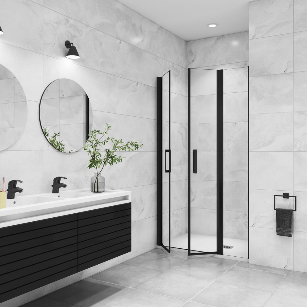 AICA porte de douche battante 110-130 x200cm avec un élément fixe, profilé noir mat, Porte de douche Hauteur 200cm en 8mm verre anticalcaire -Livraison gratuite