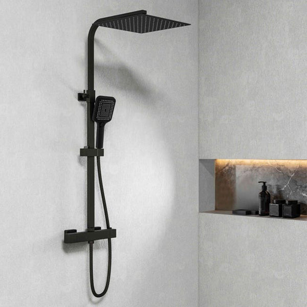 Colonne de Douche AICA Thermostatique 38°C Noir avec Pomme haute 30cm+Douchette 3 Jets Hauteur Réglable 73-115 cm Laiton & Acier Inox