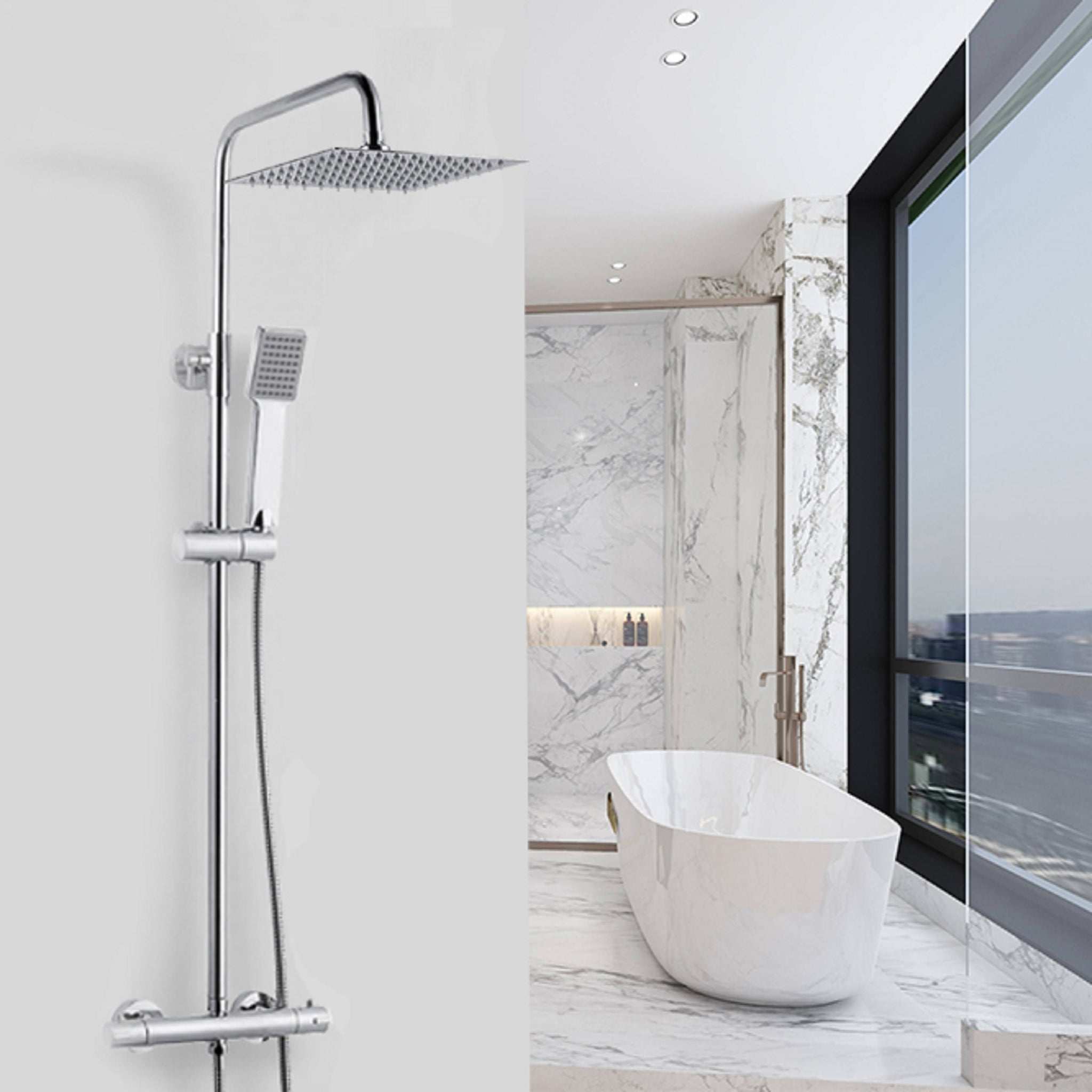 Aica, Ensemble de colonne de douche, thermostat, réglable 80 ~ 116 cm, tête carrée en acier inoxydable chromé, pluie de salle de bain argentée, robinet de douche -Livraison gratuite