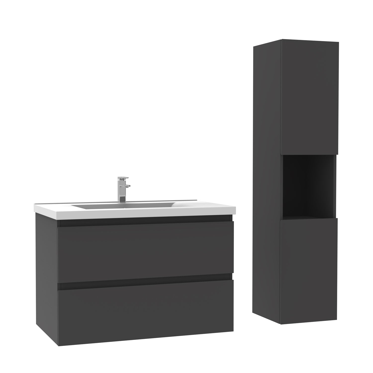 Ensemble Salle De Bain 60cm Blanc/Anthracite/Chêne Wotan meuble avec colonne vasque ceramique blanche 3 Éléments -Livraison gratuite