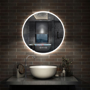 AICA Miroir de Salle de Bain rond LED 60/70/80cm avec Horloge + Anti-buée + 3 Couleurs + Dimmable, Mural Miroir Lumineux avec Interrupteur Tactile à capteur Miroir Rond