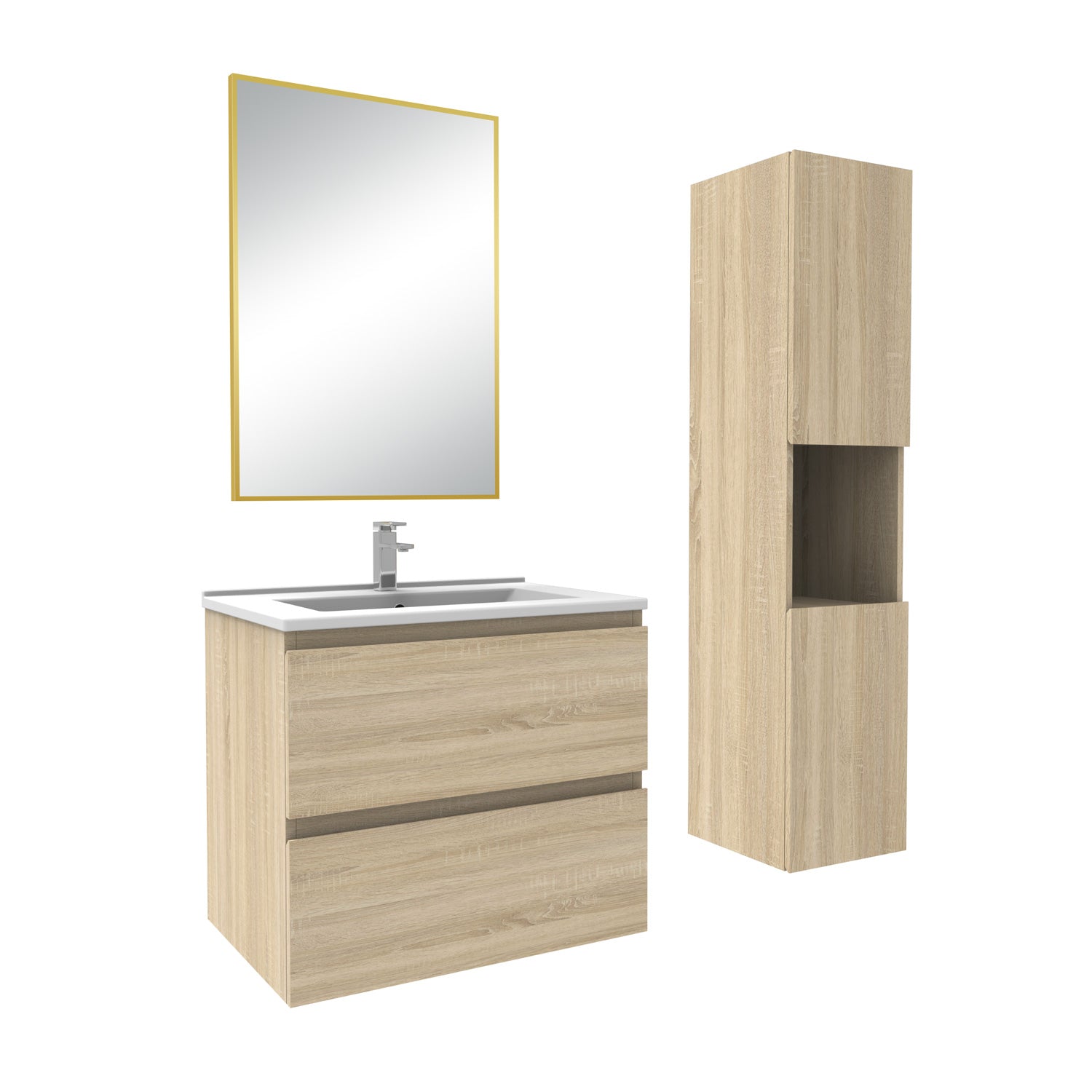 Ensemble Salle De Bain 60cm Blanc/Anthracite/Chêne Wotan meuble + miroir + colonne + vasque-Aica -Livraison gratuite
