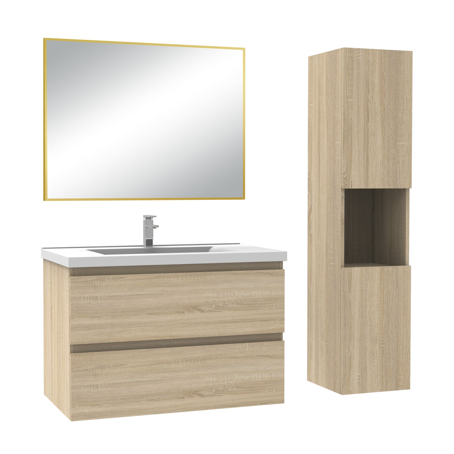 Ensemble Salle De Bain 80cm Blanc/Anthracite/Chêne Wotan meuble + miroir + colonne + vasque-Aica -Livraison gratuite