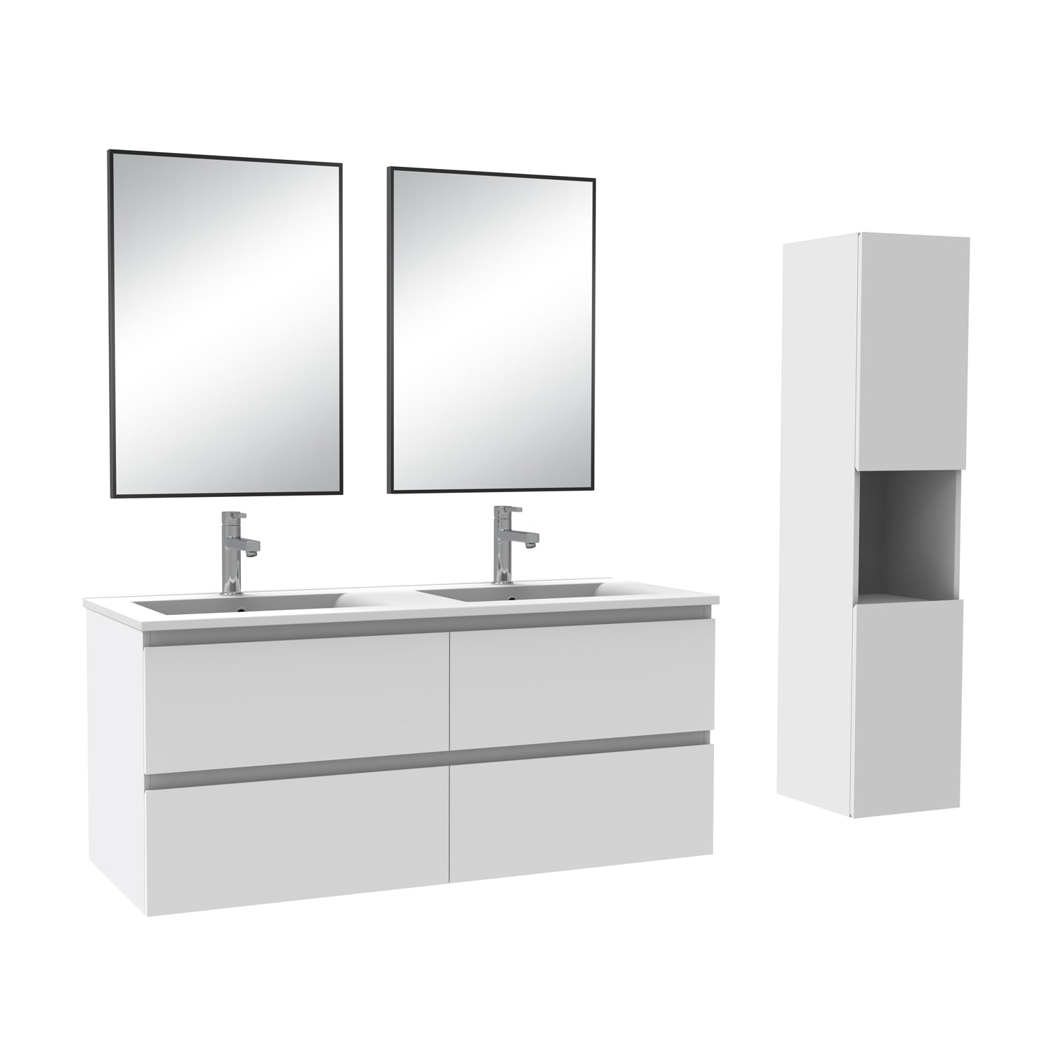 Ensemble Salle De Bain 120cm Blanc/Anthracite/Chêne Wotan meuble + miroir + colonne + vasque-Aica -Livraison gratuite