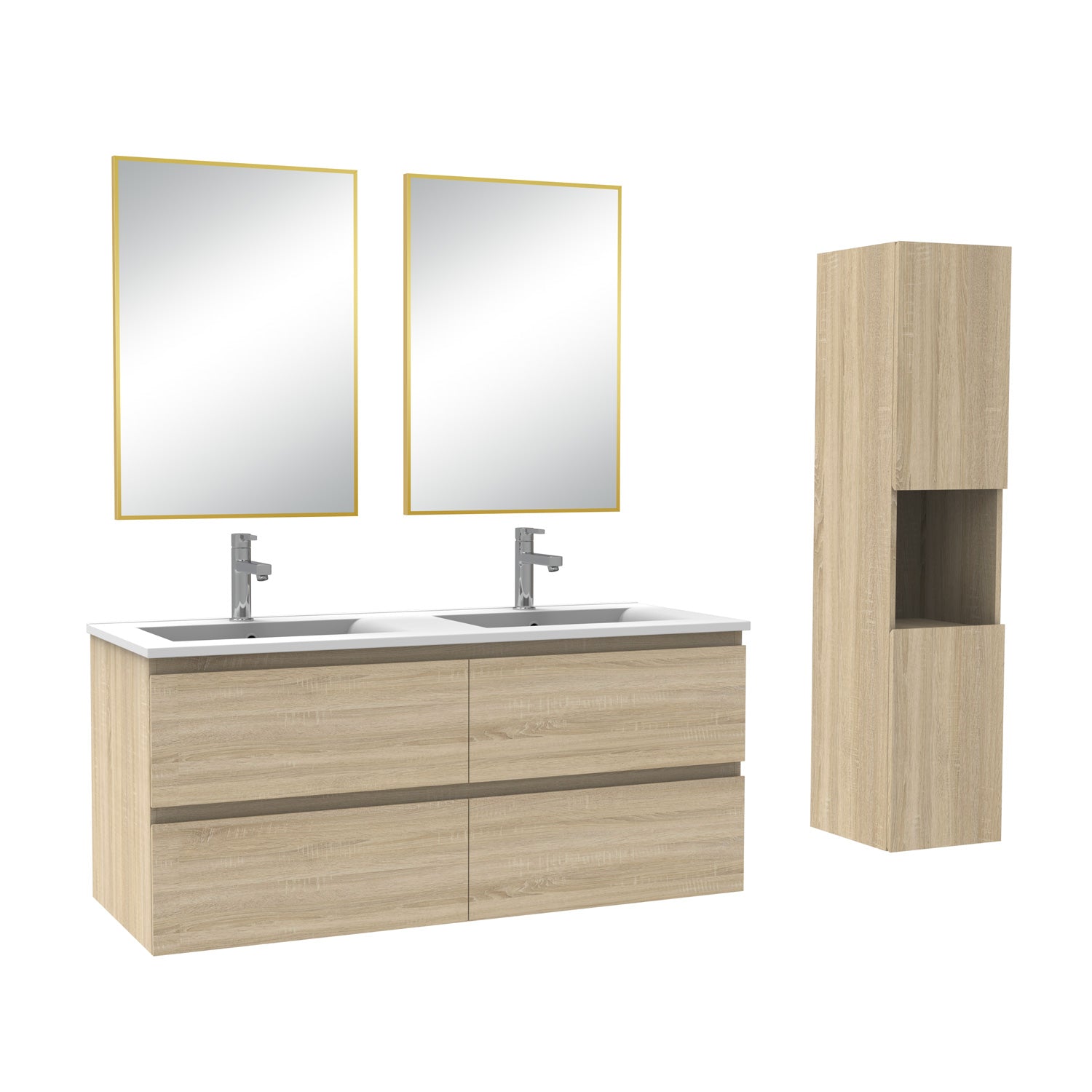 Ensemble Salle De Bain 120cm Blanc/Anthracite/Chêne Wotan meuble + miroir + colonne + vasque-Aica -Livraison gratuite
