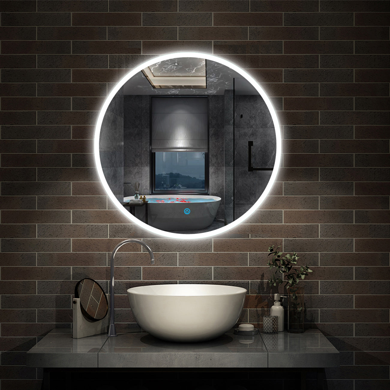 AICA Miroir de salle bain Rond avec anti-buée, Lumière Blanc du jour 6000K Ø 90/100/120 cm -Livraison gratuite