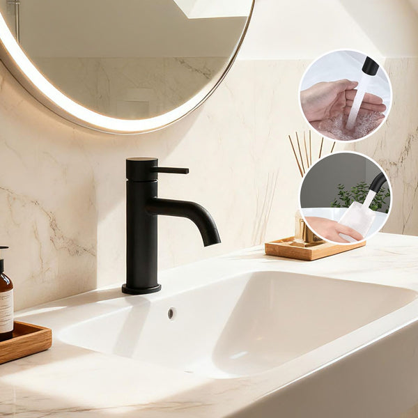 AICA Robinet de salle de bain mitigeur monocommande lavabo - acier inoxydable 304, 175mm hauteur basse, eau chaude/froide réglable, finition noir mat