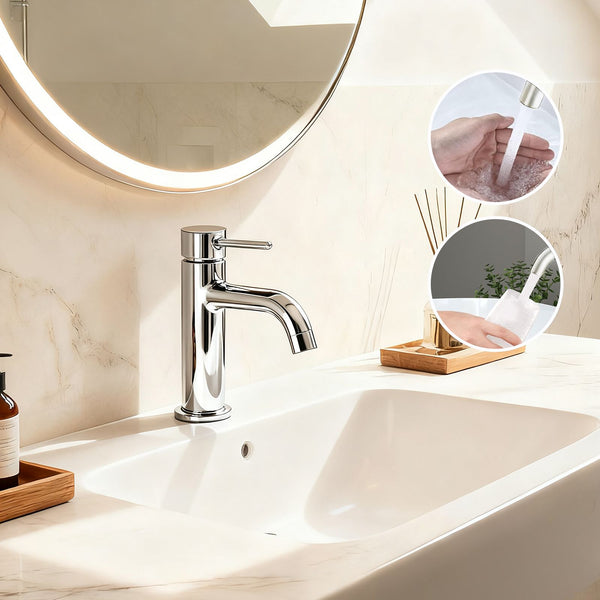 AICA Robinet de salle de bain mitigeur monocommande lavabo - acier inoxydable 304, 175mm hauteur basse, eau chaude/froide réglable, finition chromé