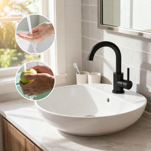 AICA Robinet Lavabo Mitigeur Salle de Bain - 360° Rotatif Bec/U-forme Design Courbé Classique, Acier Inox 304, Adapté à Lavabo/Vasque/Petite Cuisine, Finition Noir Mat