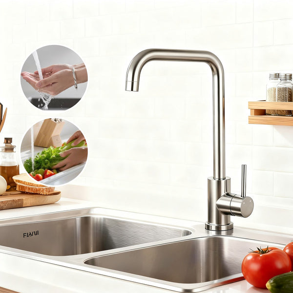AICA Robinet de cuisine mitigeur monocommande acier inoxydable 304 - 360° rotatif, bec haut/pivotant 7-Forme, finition brossé