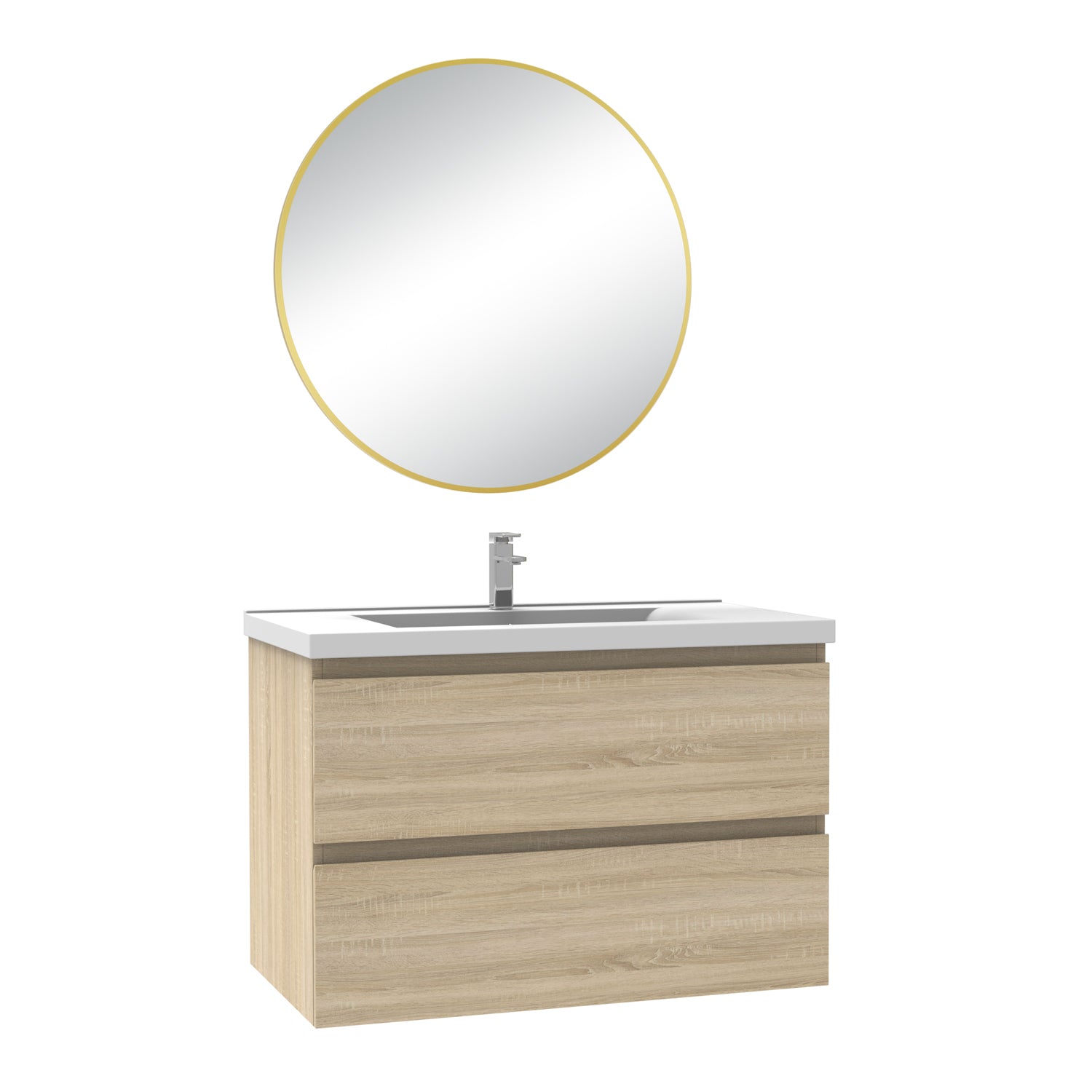 Meuble salle de bain simple vasque 60cm blanc/Anthracite/Chêne Wotan meuble acve rond miroir - Aica -Livraison gratuite