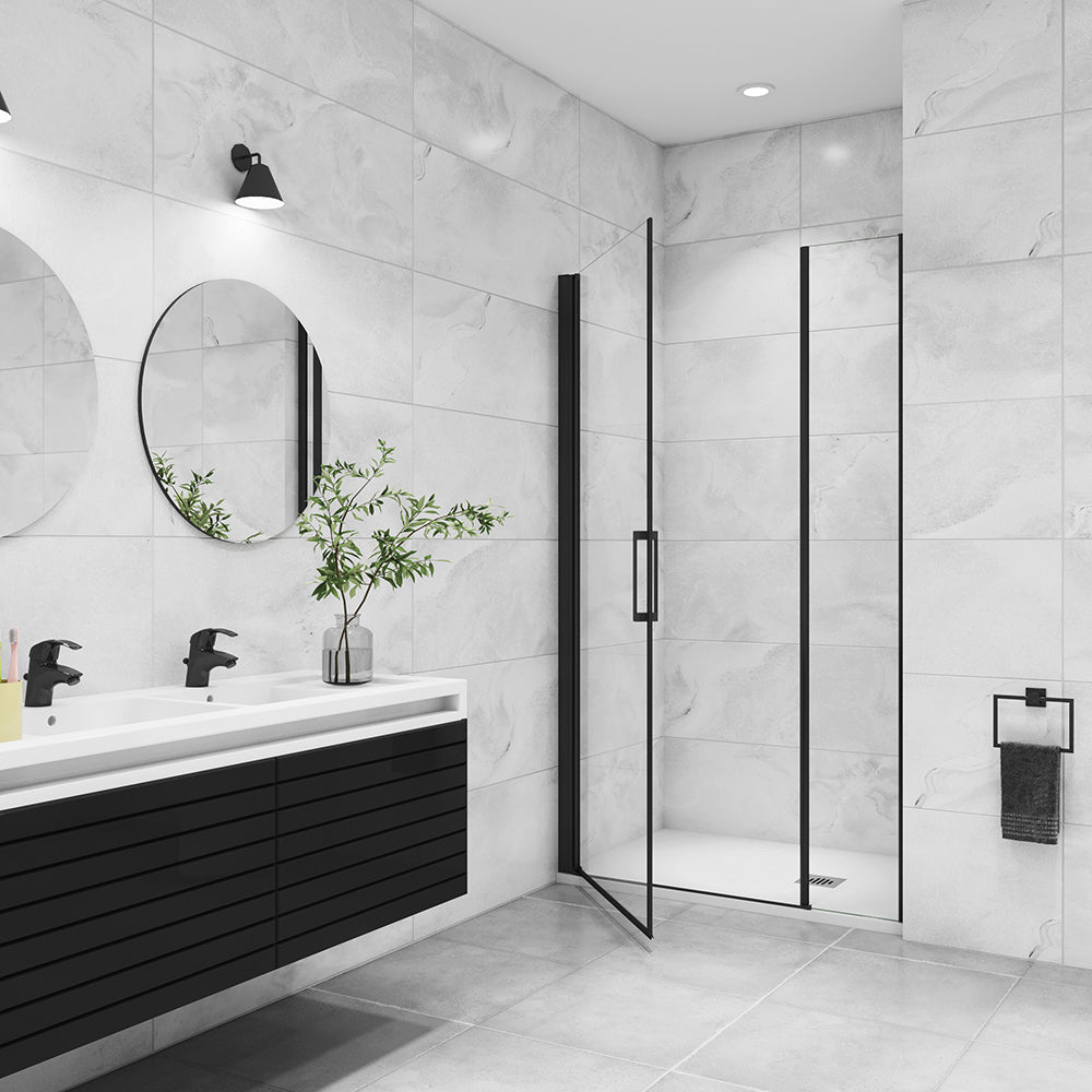 Aica porte de douche pivotante avec un élément fixe Profilé noir mat Porte de douche Hauteur 200cm en verre anticalcaire -Livraison gratuite