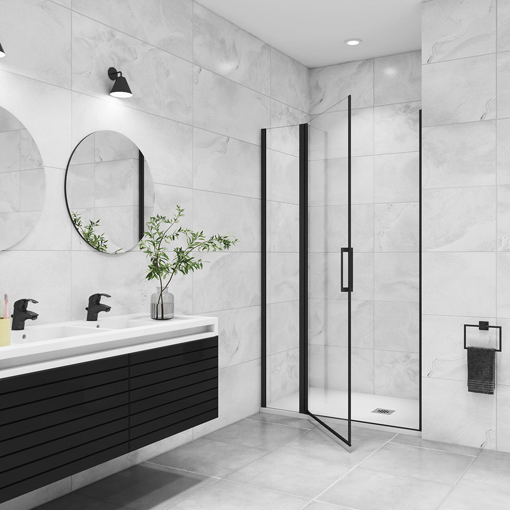 AICA porte de douche pivotante avec un élément fixe Profilé noir mat Porte de douche Hauteur 200cm en verre anticalcaire -Livraison gratuite