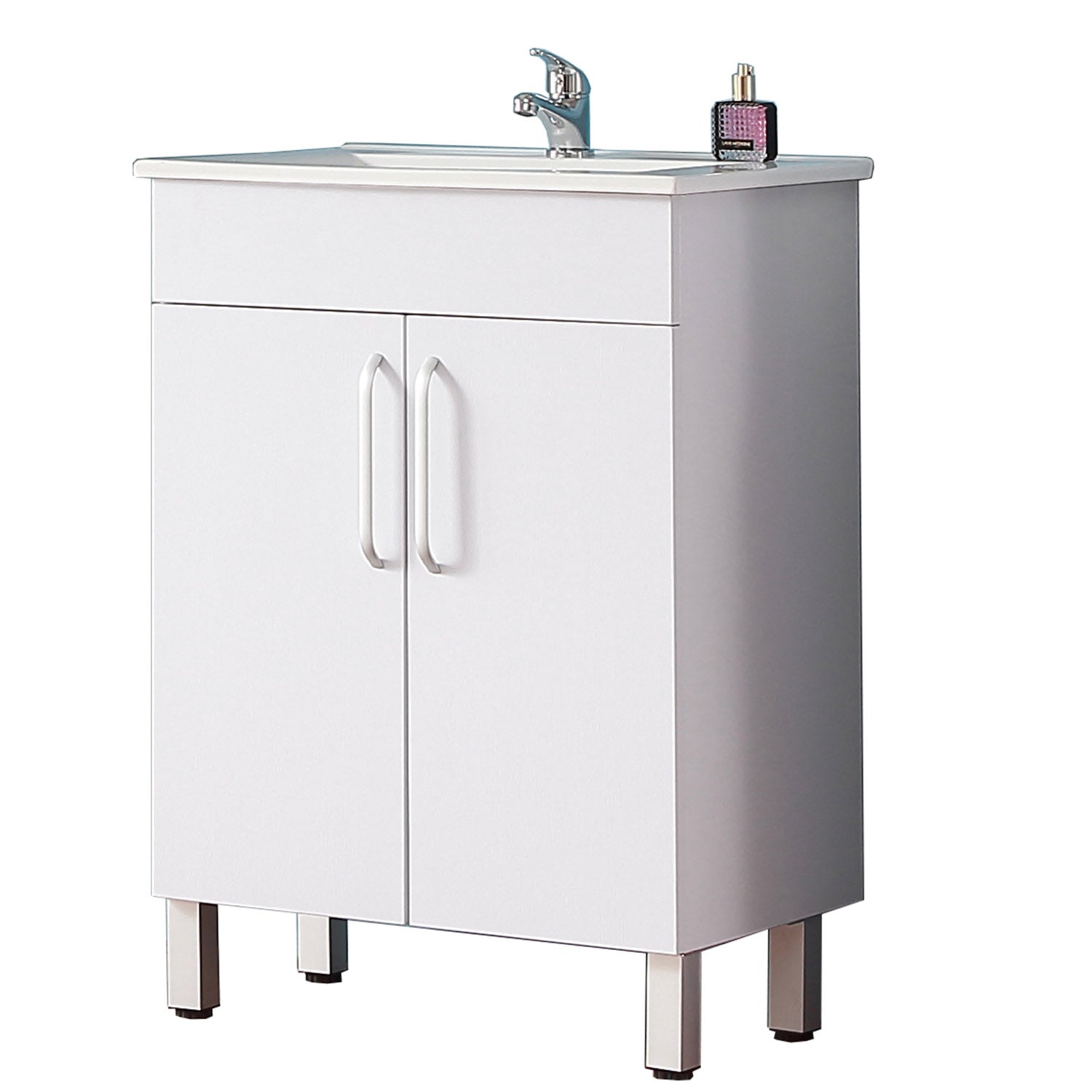 Meuble de salle de bain, Meuble sous vasque sur pieds 2 portes et vasque céramique, Blanc/Chêne 58cm -Livraison gratuite