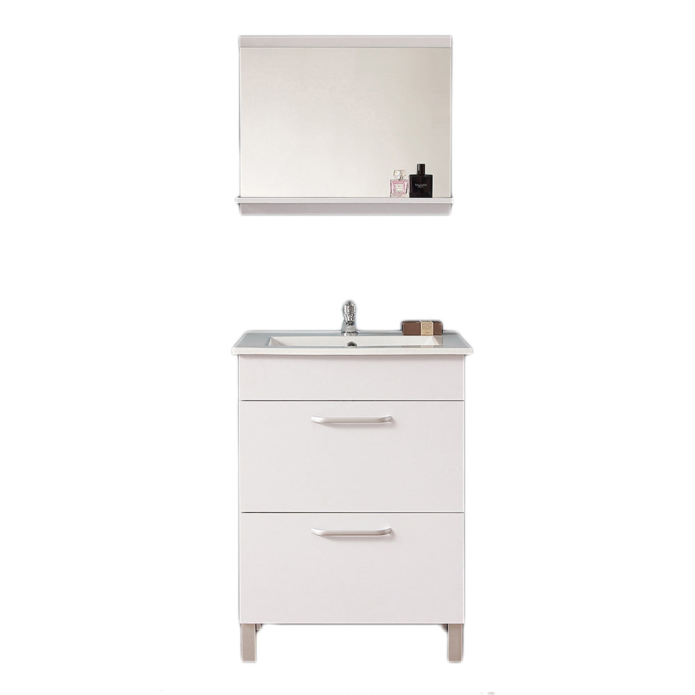 Ensemble de meubles de salle de bain, Meuble sous vasque sur pieds 2 tiroirs+Vasque+Miroir avec tablette -Livraison gratuite