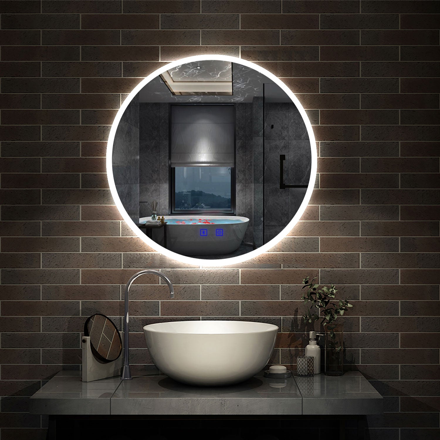 AICA Miroir de Salle de Bain rond LED 60/70/80cm avec Bluetooth + Anti-buée + 3 Couleurs + Dimmable, Mural Miroir Lumineux avec Interrupteur Tactile à capteur Miroir Rond -Livraison gratuite