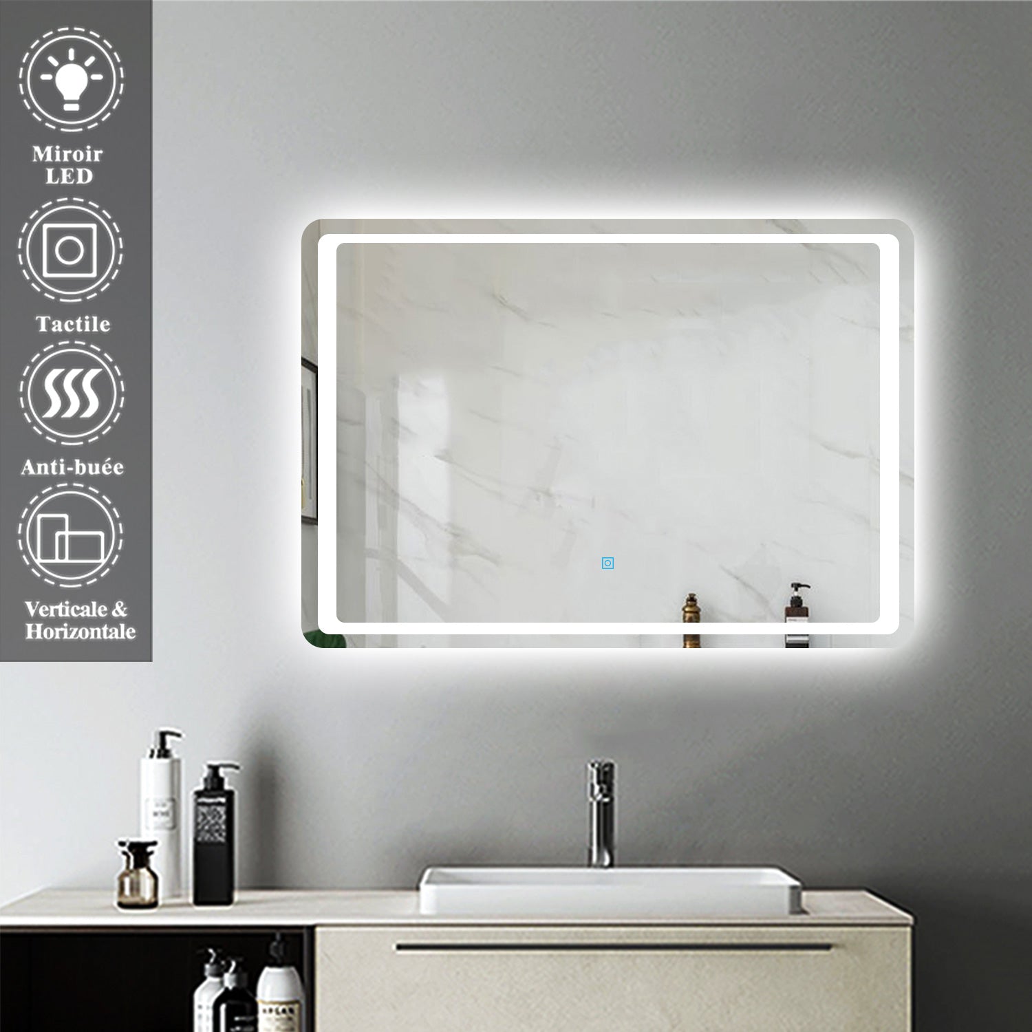 Miroir Mural de Salle de Bain modèle standard, éclairage LED intégré, interrupteur tactile avec anti-buée -Livraison gratuite