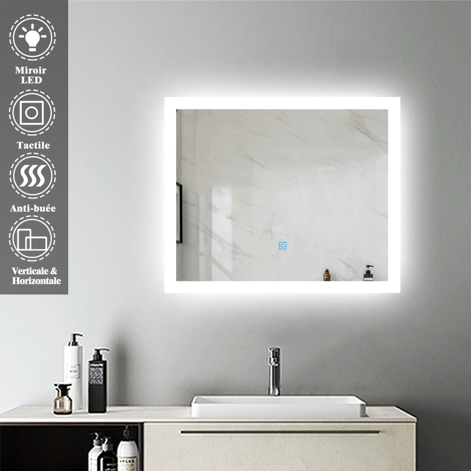 Miroir pour salle de bain rectangulaire, illumination LED, éclairage intégré, avec fonction anti-buée, lumière Blanche Froide, Horizontal/Vertical -Livraison gratuite