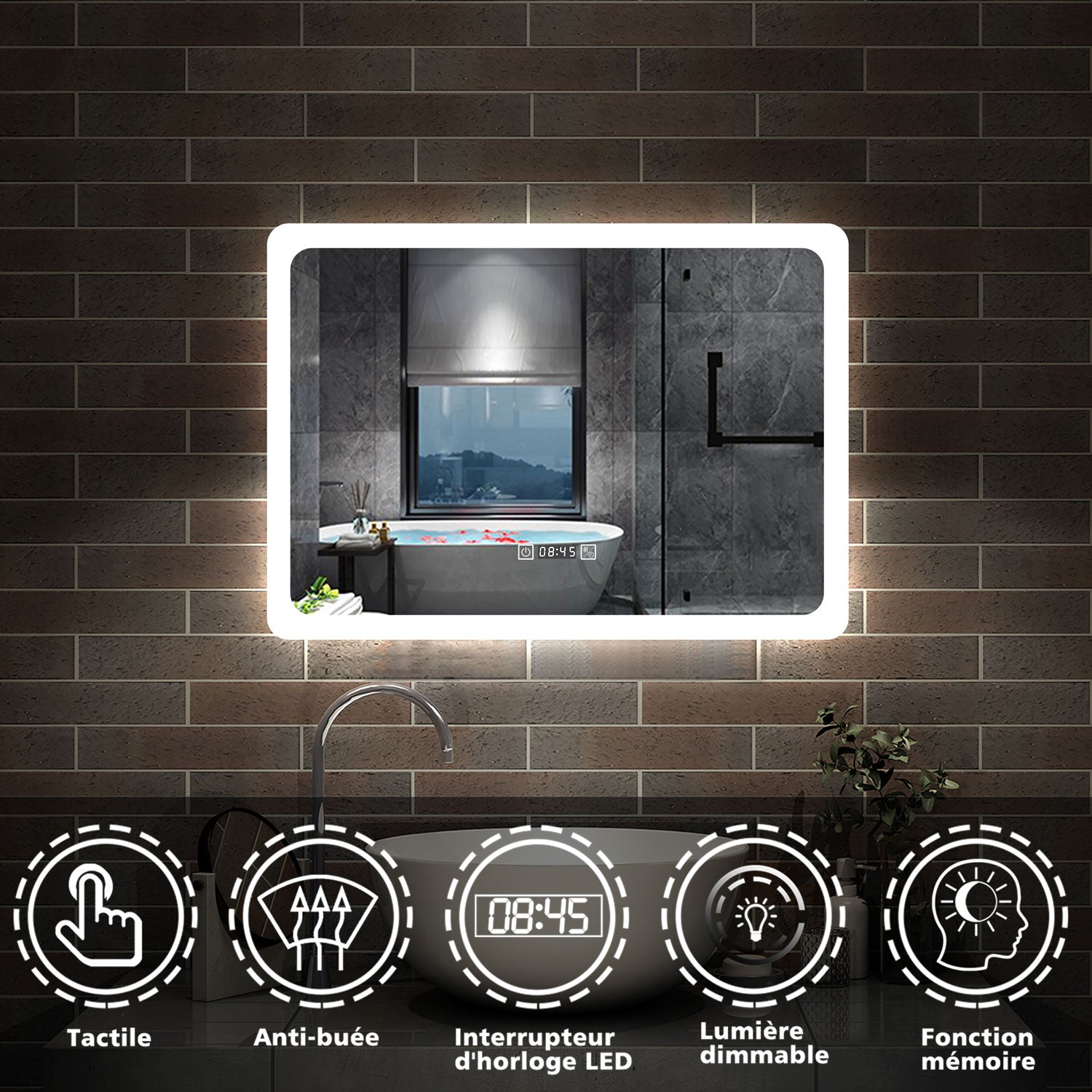 Miroir salle de bain horizontal avec couleur LED blanche + antibuée + Horloge numérique+ Fonction mémoire -Livraison gratuite