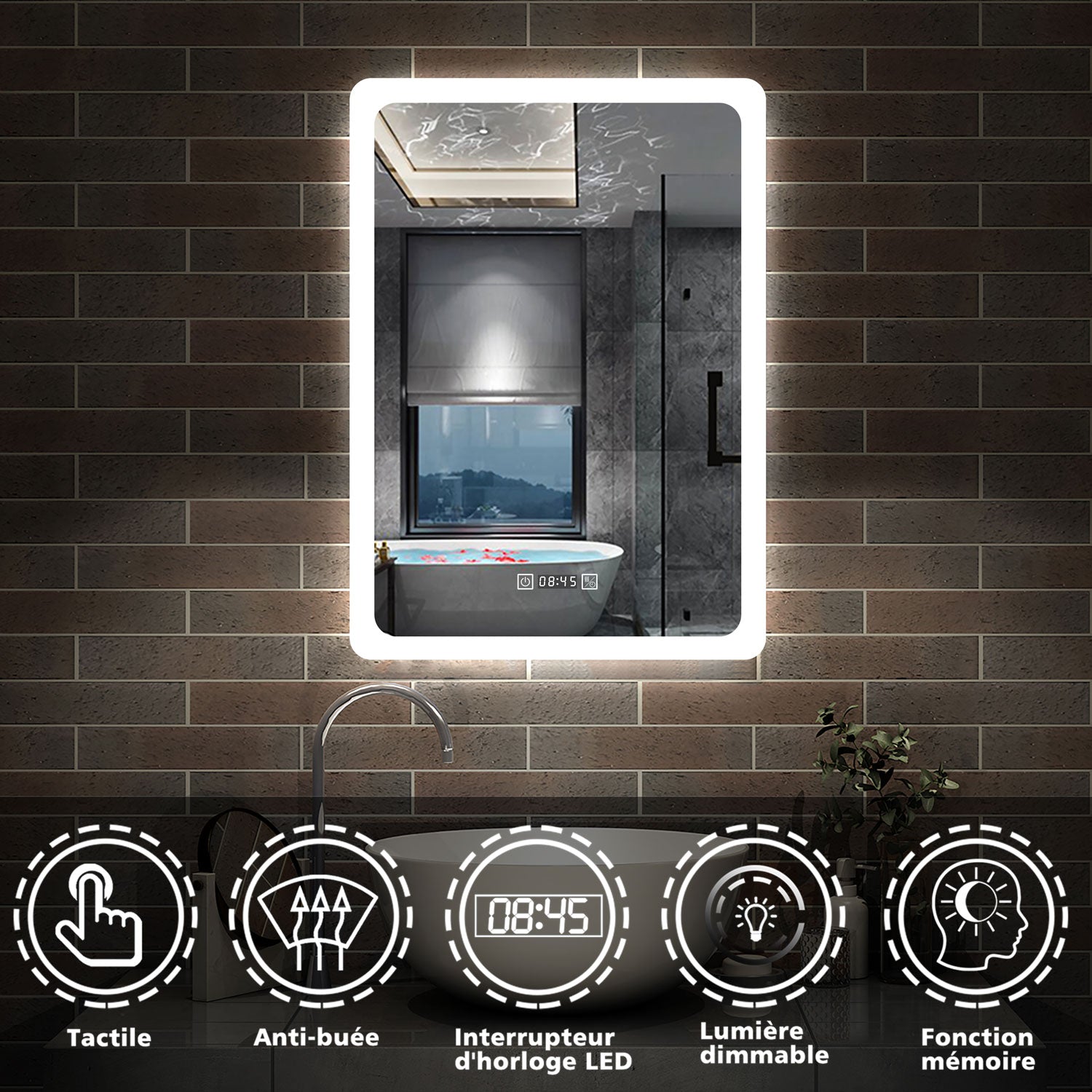 Miroir salle de bain vertical avec couleur LED blanche + antibuée + Horloge numérique + Fonction mémoire -Livraison gratuite