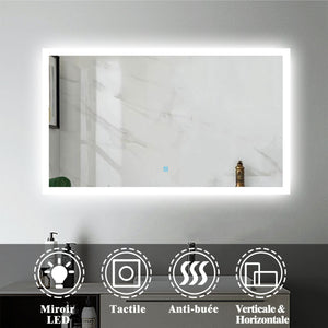 Miroir pour salle de bain rectangulaire, illumination LED, éclairage intégré, avec fonction anti-buée, lumière Blanche Froide, Horizontal/Vertical