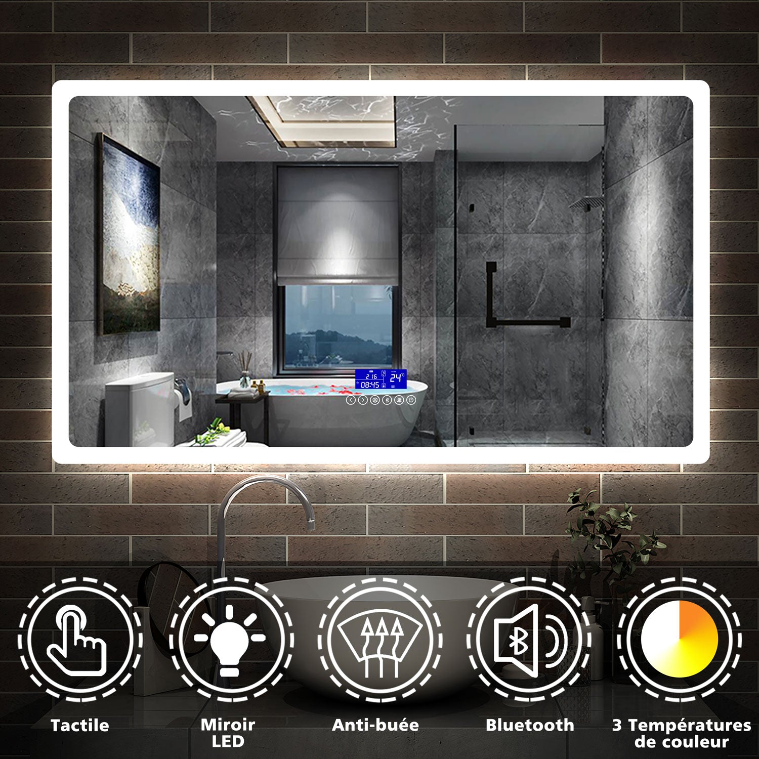 Aica Miroir salle de bain LED avec anti-buée, miroir de luminosité réglable (Horloge+Bluetooth+Date+Température) -Livraison gratuite