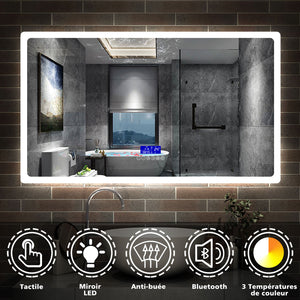 Aica Miroir salle de bain LED avec anti-buée, miroir de luminosité réglable (Horloge+Bluetooth+Date+Température)