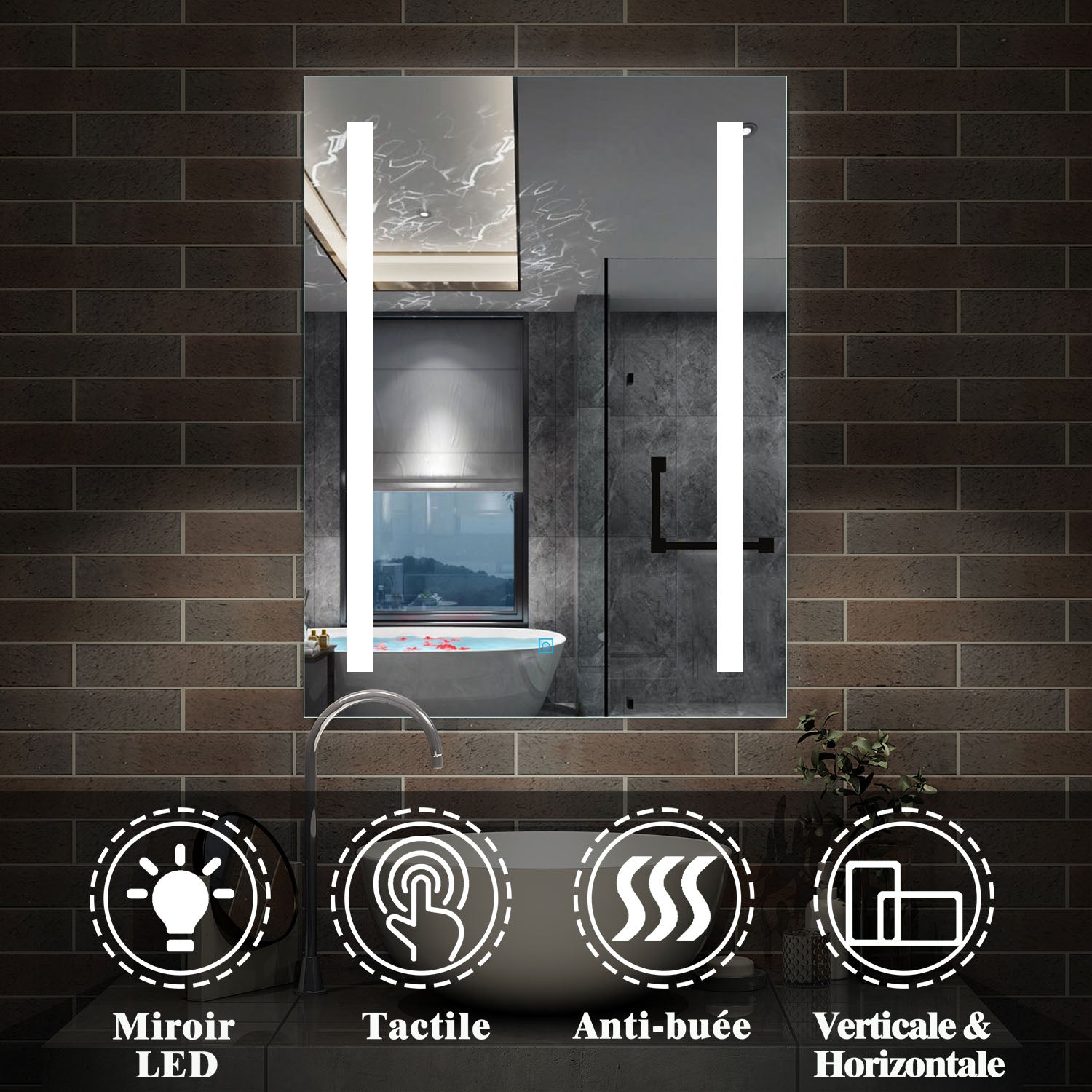 Miroir de salle de bain, Miroir lumineux LED avec anti-buée 45cm 50cm 60cm -Livraison gratuite