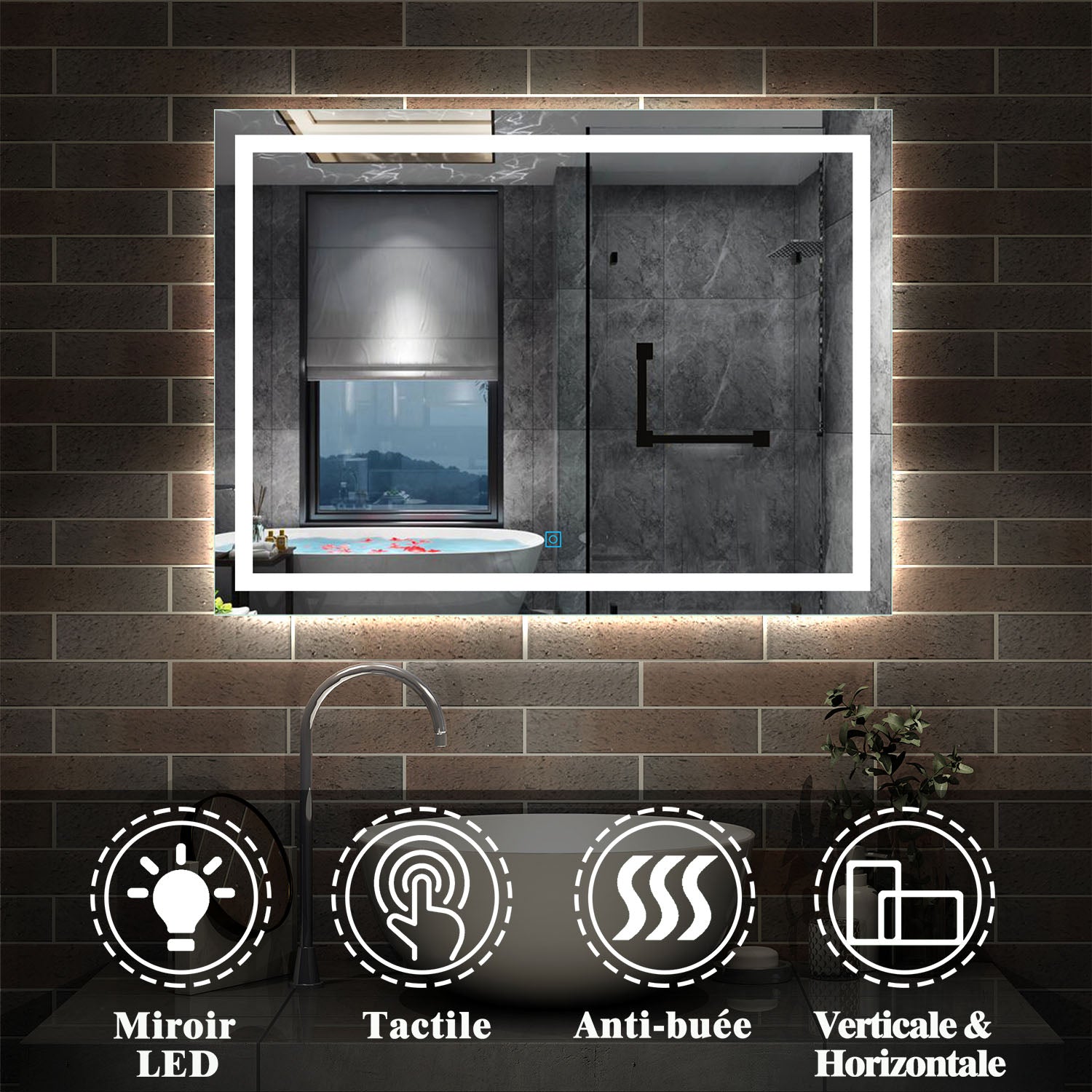 Miroir mural de salle de bain, éclairage LED intégré avec anti-buée, 80cmx60cm -Livraison gratuite