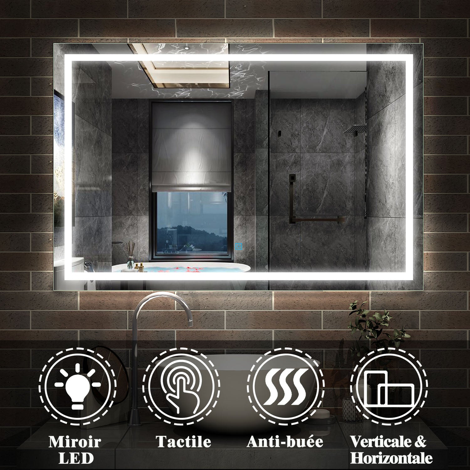 Miroir mural de salle de bain, éclairage LED intégré avec anti-buée, 160cmx70cm -Livraison gratuite