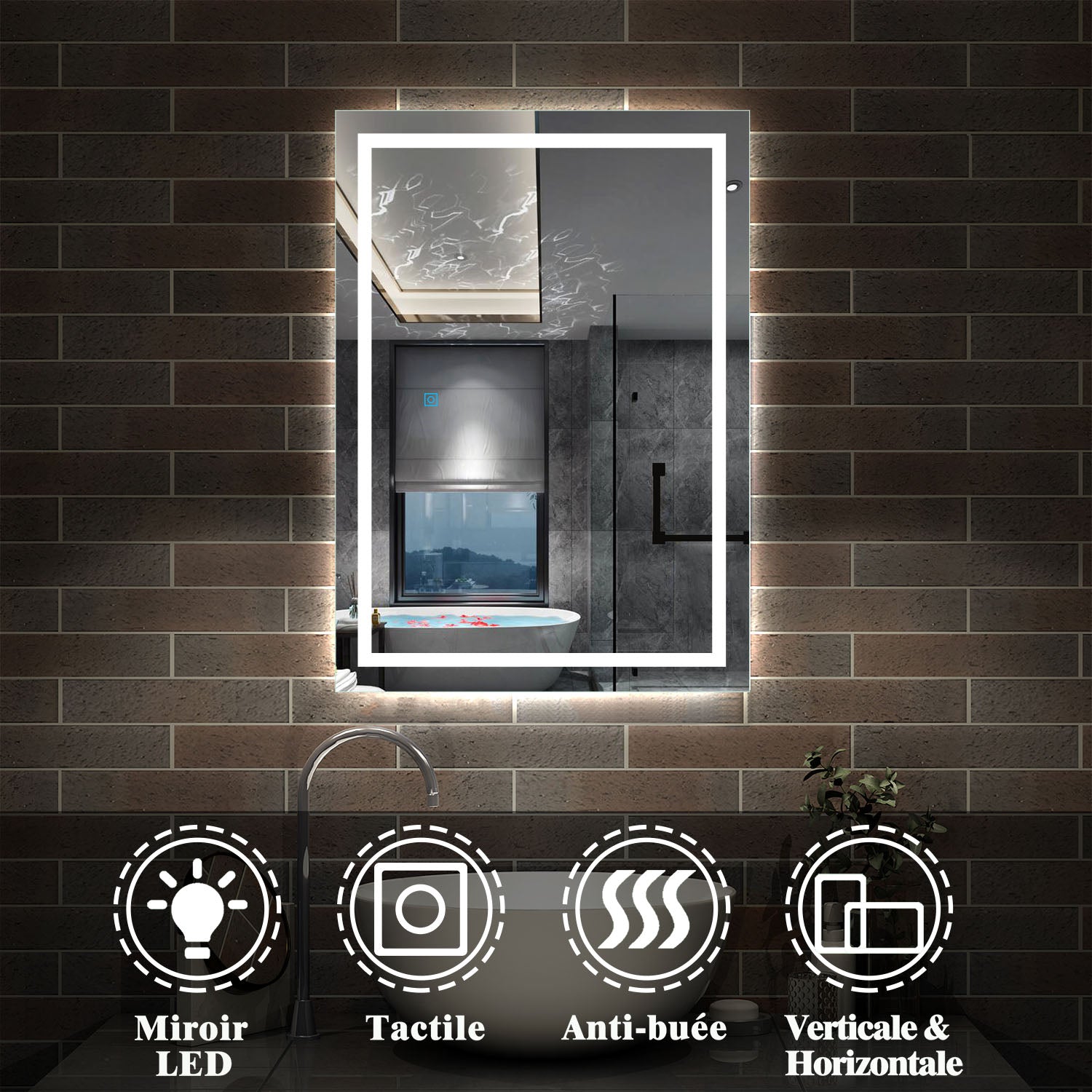 Miroir mural de salle de bain, éclairage LED intégré avec anti-buée, 70cmx50cm -Livraison gratuite