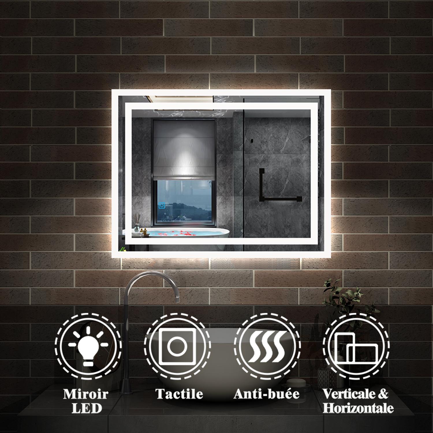 Miroir mural de salle de bain, illumination LED, éclairage intégré, lumière Blanche Froide/Anti-buée 70cmx50cm -Livraison gratuite