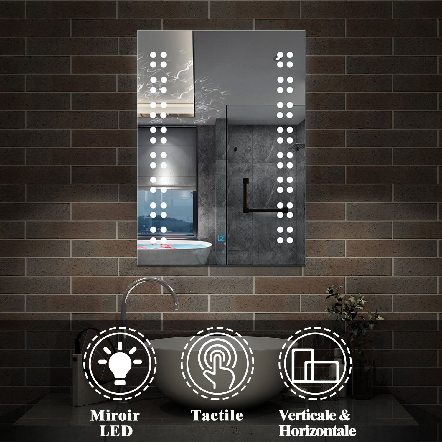 Miroir pour salle de bain rectangulaire modèle multipoints éclairageLED  intégré Horizontal/Vertical -Livraison gratuite