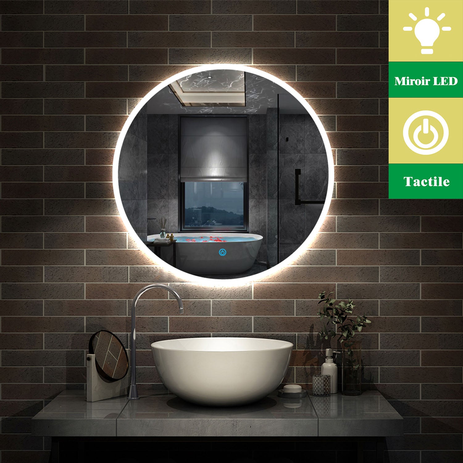 AICA Miroir de salle bain Rond LED, Lumière Blanc du jour 6000K Ø 60cm Type A -Livraison gratuite