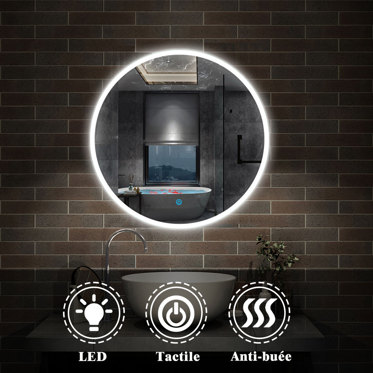 AICA Miroir de salle bain Rond avec anti-buée, Lumière Blanc du jour 6000K Ø 60/70/80 cm -Livraison gratuite
