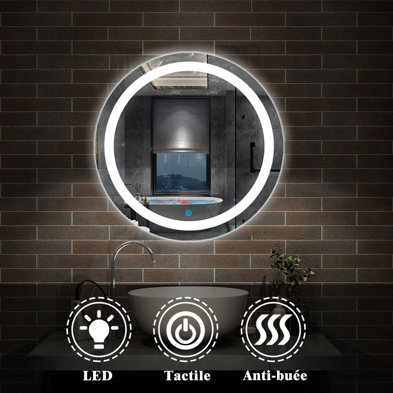 AICA Miroir de salle bain Rond avec anti-buée, Lumière Blanc du jour 6000K Ø 60/70/80 cm -Livraison gratuite