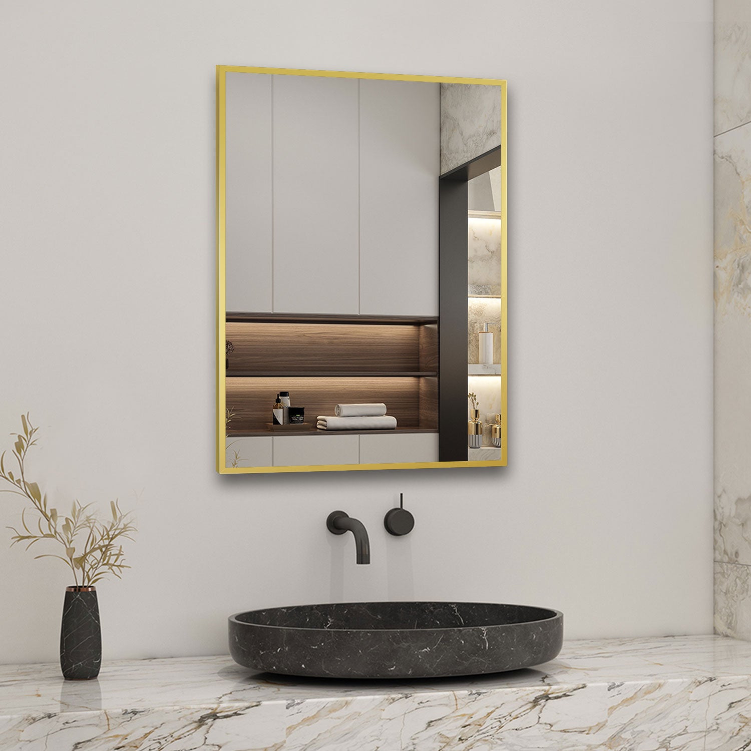 AICA Miroir Mural, Cadre En Aluminium, Rectangle Noir Ou Doré,  pour Salle de Bain Salon WC -Livraison gratuite