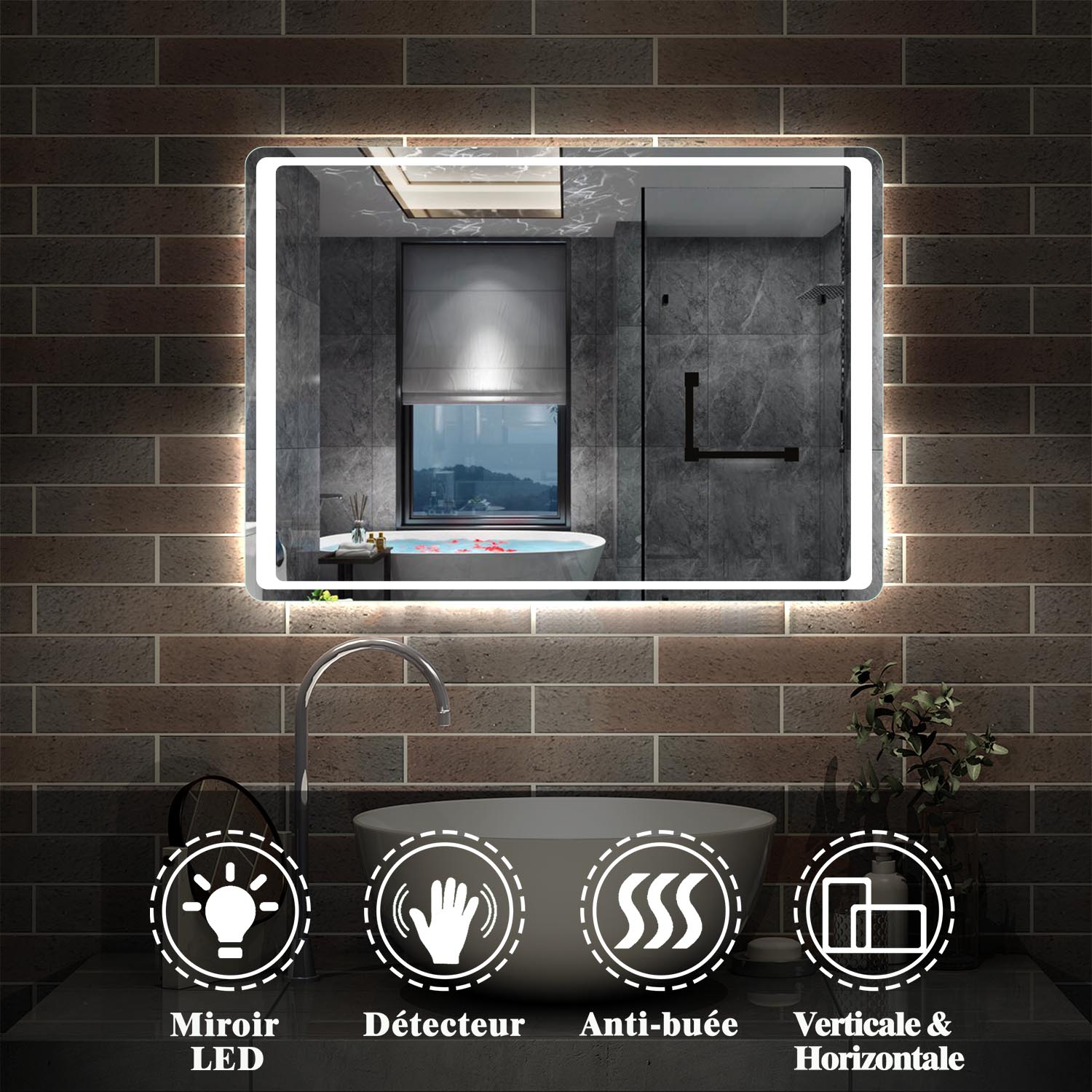 Miroir pour salle de bain, illumination LED, éclairage intégré, avec fonction anti-buée/interrupteur infrarouge 80cm 90cm 100cm -Livraison gratuite