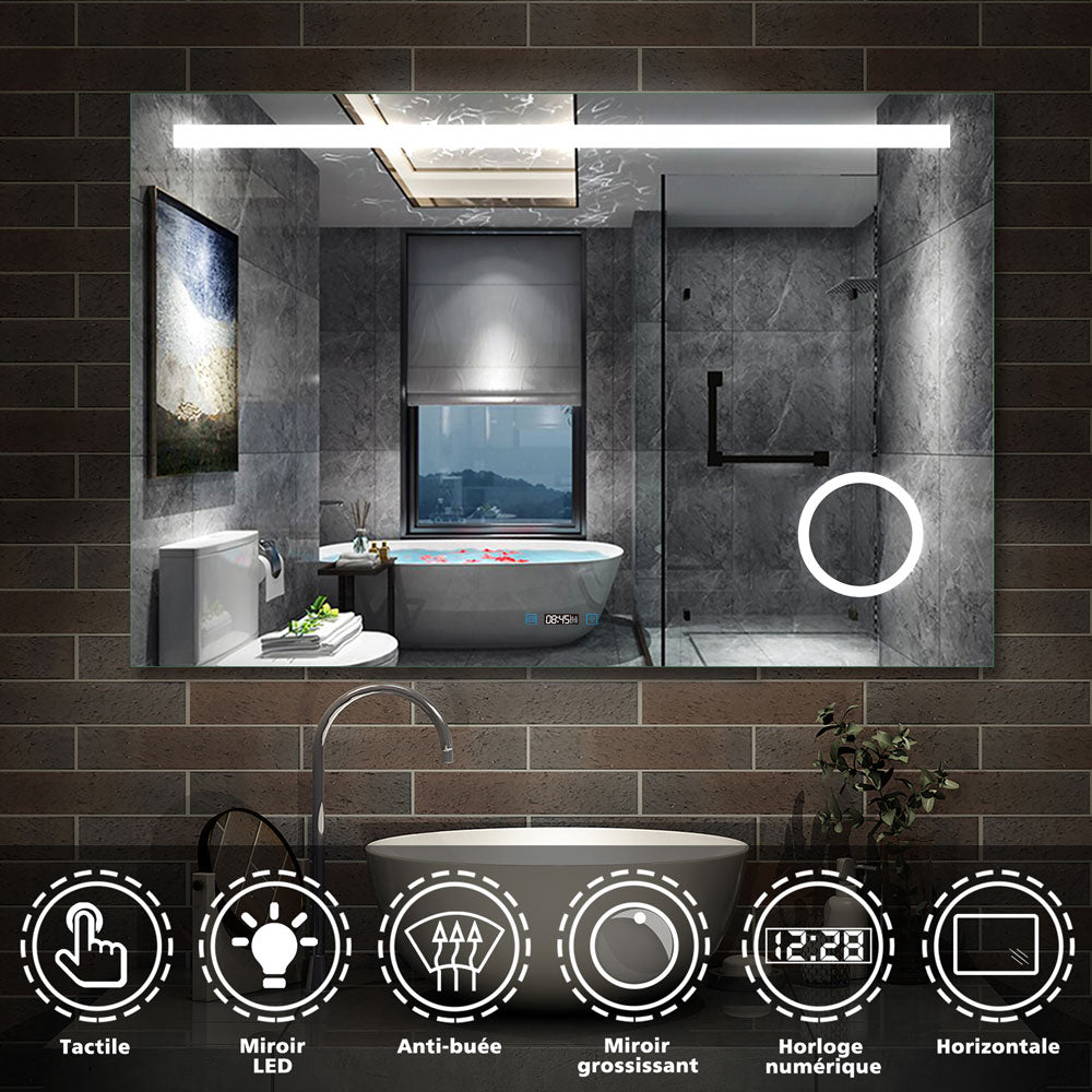 Aica miroir salle de bain LED avec anti-buée, miroir de luminosité réglable  (Horloge +Miroir grossissant ×3  ) -Livraison gratuite