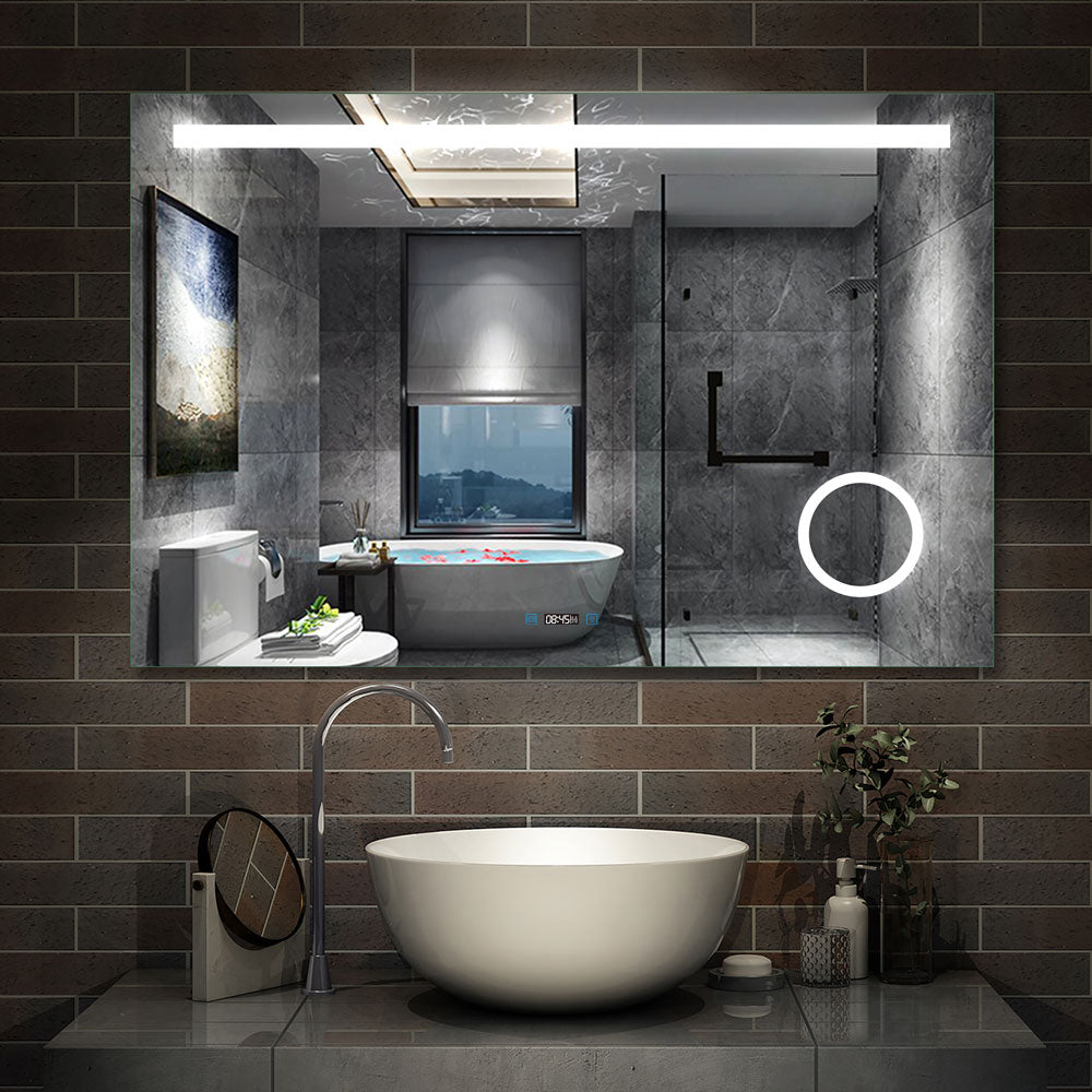 Aica miroir salle de bain LED avec anti-buée, miroir de luminosité réglable  (Horloge +Miroir grossissant ×3  ) -Livraison gratuite