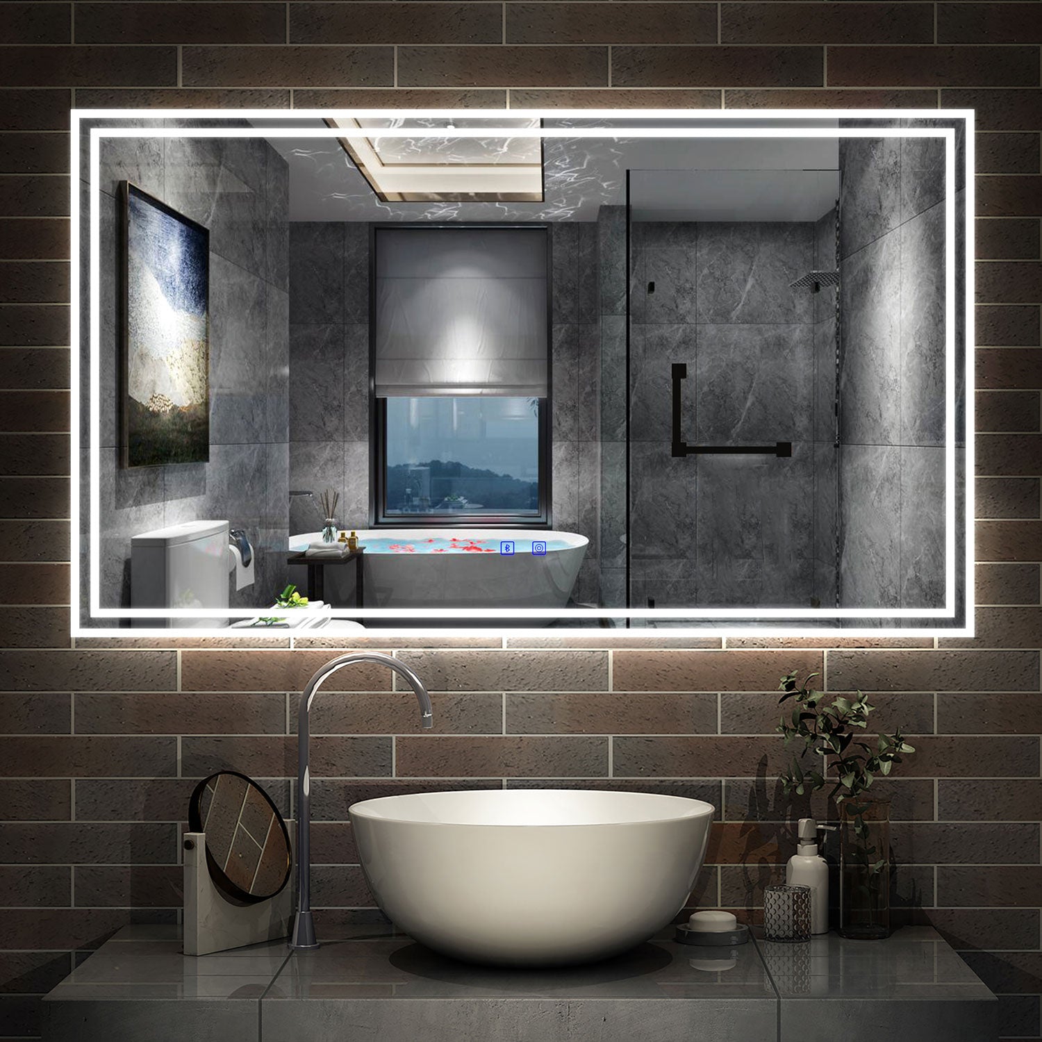 Miroir salle de bain LED antibuée Bluetooth avec 3 couleurs Miroir mural IP44 rectangulaire 50/60/70/80/100/120/140/160cm -Livraison gratuite