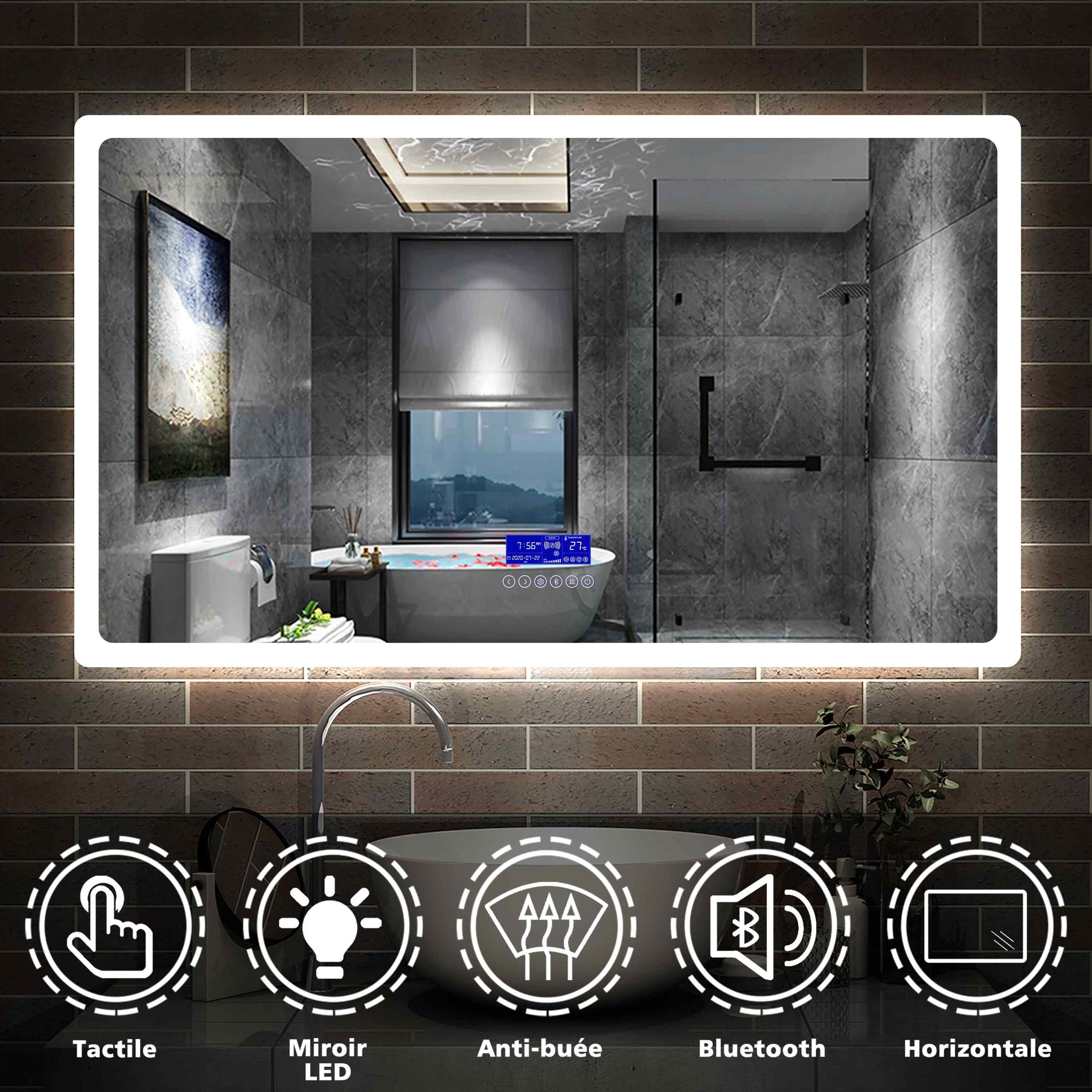 Aica Miroir salle de bain LED avec anti-buée, miroir de luminosité réglable (Horloge+Bluetooth+Date+Température) -Livraison gratuite